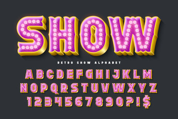 Retro marquee show alphabet design, circus, fairy LED lamps letters and numbers. © Aleksandr