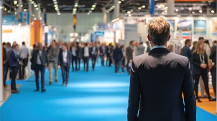 Fototapeta premium Businessman in a dark tailored suit walking through an exhibition hall filled with attendees and various booths