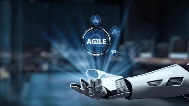 A futuristic robotic hand showcases agile technology concepts through digital interfaces, perfect for representing innovation and business efficiency in modern environments. Synapse