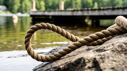 Fototapeta premium Nautical thick hemp rope on stone pier, rustic marine mooring rope by calm lake water, wooden dock and green forest background