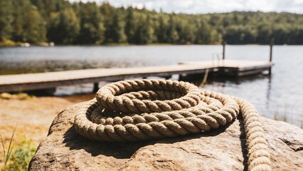 Fototapeta premium Nautical hemp rope coiled on rock, rustic lakefront dock with wooden pier, scenic summer landscape with forest and calm water background