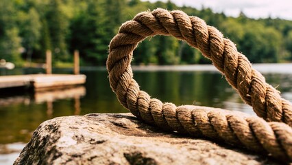 Fototapeta premium Nautical thick hemp rope coiled on rock, rustic marine rope by lake shore, natural fiber cordage with blurred wooden dock and forest background