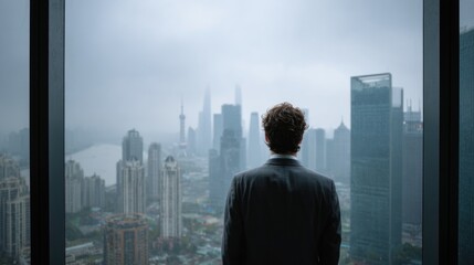 Fototapeta premium Businessman in formal suit looking out of office window at modern city skyline on a cloudy day