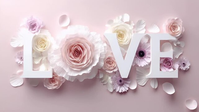 Romantic love theme for Valentines Day. A vibrant pink background with the word LOVE spelled out in white, surrounded by delicate paper flowers. The flowers are arranged in a symmetrical pattern.