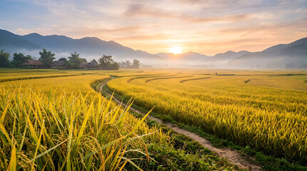 Naklejka premium Beautiful Golden Rice Terraces at Sunrise with Morning Mist and Mountains