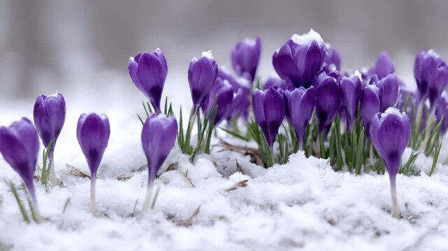 Spring snow ice thaw, end of Winter Season, hope, fresh start. A closeup of purple crocuses in the snow, their vibrant petals contrasting against the white backdrop.
