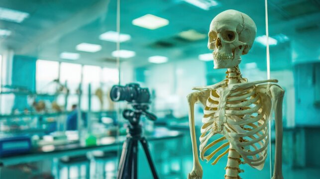 Anatomical skeleton model positioned for scientific study in a laboratory setting with camera equipment