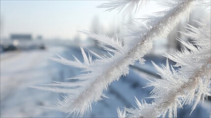 Obraz premium Intricate delicate white frost patterns forming on a frozen branch in a cold winter landscape