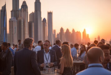 Fototapeta premium Businesspeople socializing at a rooftop party in dubai during sunset, engaging in conversation, with city skyline and modern skyscrapers in the background