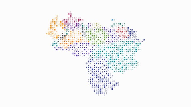 Venezuela animation. Shape of the country with pulsating colored dots. Small size square blocks. Digital style map on white background. Simple video.