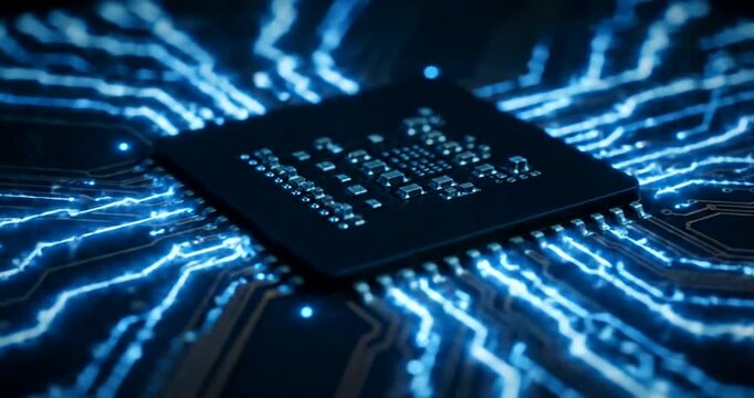 Microchip Circuit Board with Glowing Blue Connections.