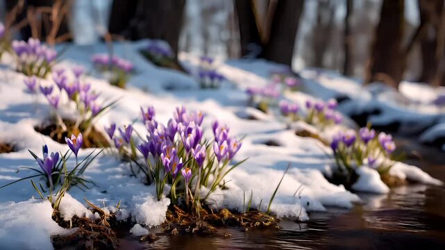 Spring snow ice thaw, end of Winter Season, hope, fresh start. A tranquil winter scene with purple crocuses nestled in the snow, surrounded by a tranquil stream.