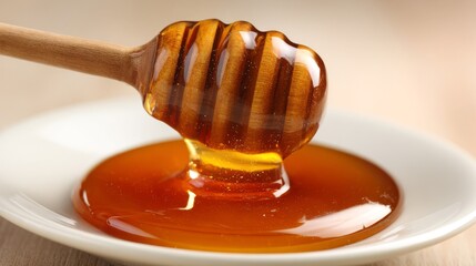 Golden honey slowly dripping from a wooden dipper onto a surface