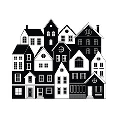 Naklejka premium Stylized black and white illustration of a clustered townscape with varied houses