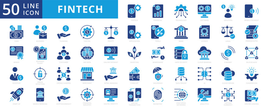 fintech icon pack contains financial, technology, high speed network, fraud detection, online payment, mobile banking, digital identity, ai