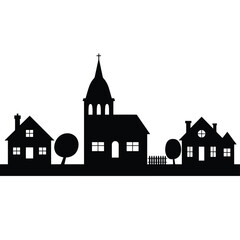 Fototapeta premium Silhouette of a small town featuring a church and surrounding houses