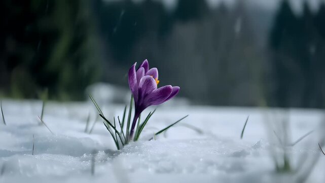 Spring snow ice thaw, end of Winter Season, hope, fresh start. A solitary purple crocus in the snow, its vibrant petals contrasting against the pristine white backdrop.