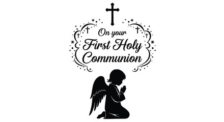 Naklejka premium A silhouette of a child with angel wings kneels in prayer for their First Holy Communion.