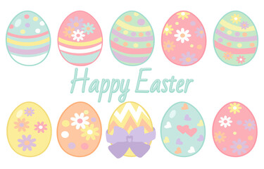 Set of kawaii Easter eggs with flowers, stripes and a bow on a white background. Vector.