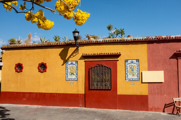 A vibrant Oaxacan street scene with yellow and red walls, tiled artwork, and blooming trees under a clear blue sky. © Oquio