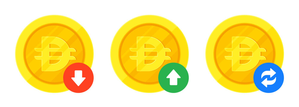 Set of UAE Dirham (Dh) gold coins, arrows for increase, decrease, transaction. Finance, currency, fluctuation, AED exchange concept. Flat vector illustration isolated on a white background