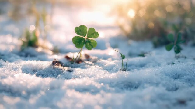 Spring snow ice thaw, end of Winter Season, hope, fresh start. A four leaf clover in the snow at sunset, with its vibrant green leaves contrasting against the white backdrop. The sun casts a warm.