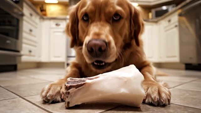 A brown dog lies on a kitchen floor with a large bone, looking up with a dog attack expression.