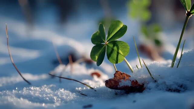 Spring snow ice thaw, end of Winter Season, hope, fresh start. A four leaf clover in the snow with a blurred background. The clover is the main subject, surrounded by a blanket of white snow.
