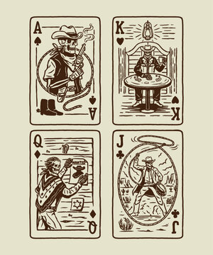 Hand Drawn Vintage Western Skull Playing Card Illustration Featuring Cowboy Outlaw Characters, Lasso, Poker Scene and Desert Theme