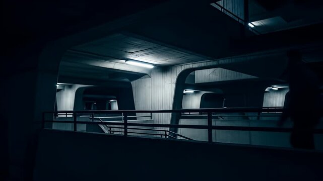 Eerie, blue-toned scene of a lone figure in an urban, Brutalist underpass