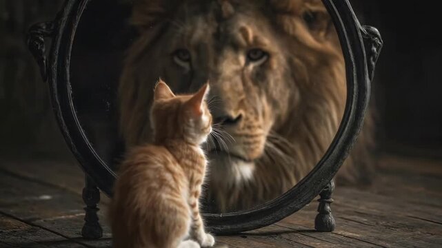 Small ginger kitten looking in a mirror and seeing a strong lion reflection. Motivational concept of self-confidence, inner strength, and hidden potential