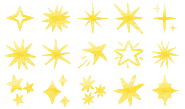 Han drawn stars and sparkles with crayon texture collection set