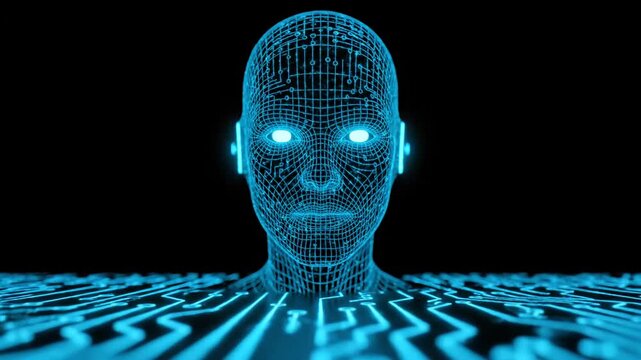 A futuristic digital human face emerges from a circuit board pattern on a dark background.