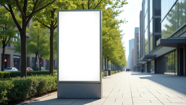 led blank billboard white screen side road in city. ad mockup copy space for advertising banner near bus stop in metropolis 