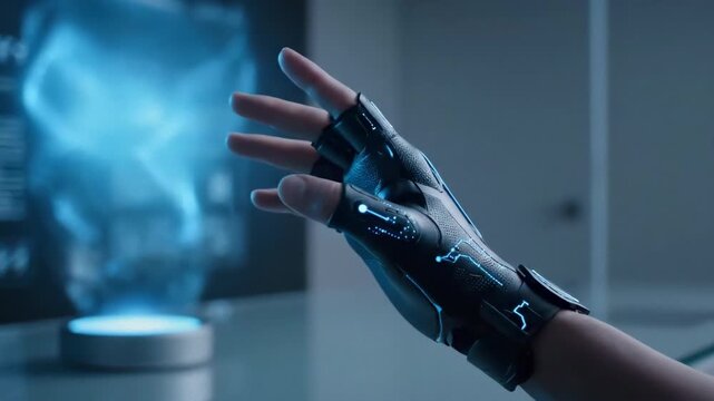 a hand in a haptic glove interacting with invisible AI interfaces. Perfect for themes of virtual reality, spatial computing, gesture control, and futuristic productivity.