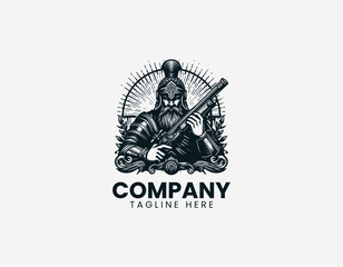 Fototapeta premium Strong armored warrior character holding rifle in detailed modern black vector illustration style