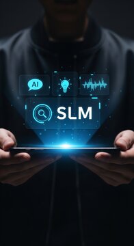 SLM acronym on futuristic holographic interface with AI, lightbulb, and sound wave icons, person holding smartphone, technology and innovation concept, 3D render