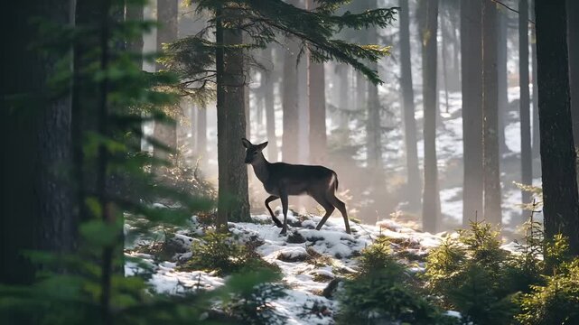 Spring snow ice thaw, end of Winter Season, hope, fresh start. A deer standing in the middle of a snowcovered forest, surrounded by tall trees and illuminated by soft, golden light.