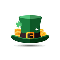 Fototapeta premium St Patrick Leprechaun Hat With Gold Coins Emerald Green. Vector Icon. EPS Editable