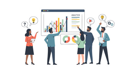 Vector illustration of business people analyzing data and brainstorming