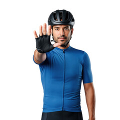 Fototapeta premium Athletic adult male cyclist in blue jersey showing stop hand gesture for road safety awareness