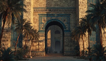 Fototapeta premium Cinematic view of an ancient babylonian gate with detailed stone carvings, vibrant blue tile accents, and weathered textured bricks, surrounded by lush palm trees