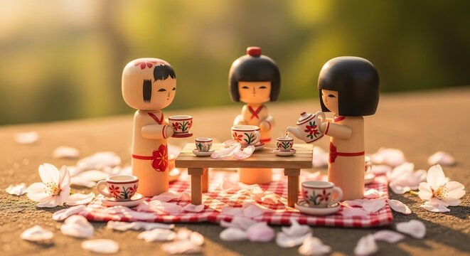 Three japanese dolls having a tea party on a red and white checkered cloth