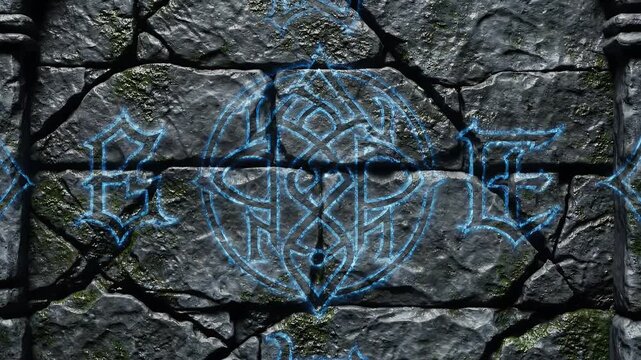 Mystical Stone Wall Dungeon with Pulsing Blue Glowing Ancient Runes and Symbols