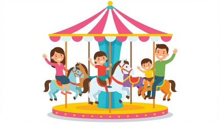 Children Riding Carousel at Amusement Park.