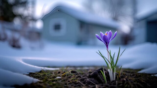 Spring snow ice thaw, end of Winter Season, hope, fresh start. A solitary purple crocus in the snow, its vibrant petals contrasting against the white backdrop.