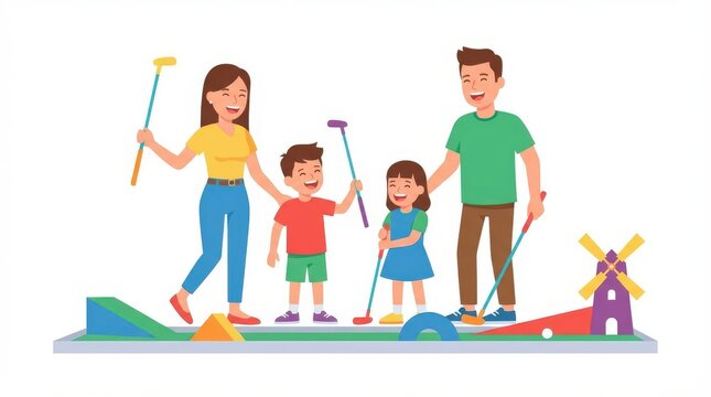 Happy Family Playing Mini Golf Together.