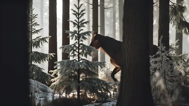Spring snow ice thaw, end of Winter Season, hope, fresh start. A majestic horse galloping through a snowcovered forest, its mane and tail flowing in the wind. The horses coat is a rich brown.