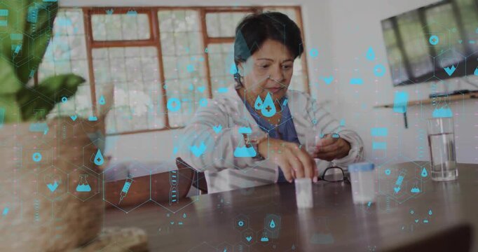 Senior woman reaching for pills opening bottles sorting doses while medical charts overlaying scene