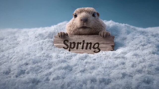 Spring snow ice thaw, end of Winter Season, hope, fresh start. A groundhog peeking out from behind a wooden sign that reads Spring against a backdrop of snowcovered ground and a clear sky.